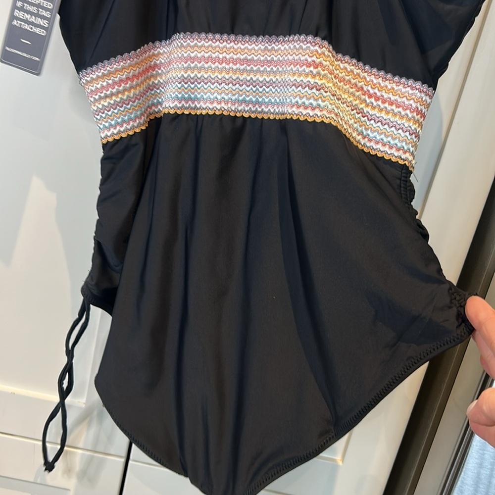 Black One Piece Tummy Control Swimsuit with Striped Waist - Picture 9 of 16